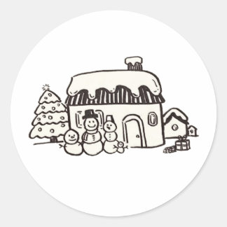 Weihnachtshaus mit Schneemann Runder Aufkleber