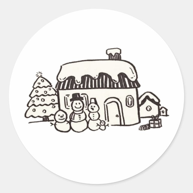 Weihnachtshaus mit Schneemann Runder Aufkleber (Vorderseite)