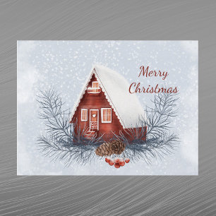 Weihnachtshaus Schnee Kiefer Beeren Wasserfarbe Feiertagspostkarte
