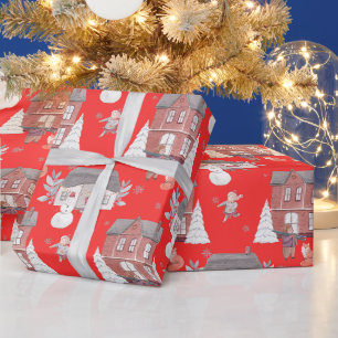 Weihnachtshaus, Schneemann und Weihnachtsbaum Rot Geschenkpapier