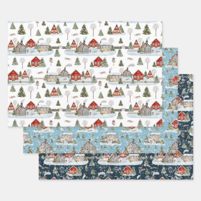 Weihnachtshaus Wasserfarbmuster Geschenkpapier Set (Set)