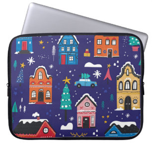 Weihnachtshäuser: Flache Vintage-Illustration. Laptopschutzhülle