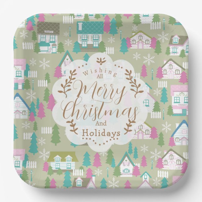 Weihnachtshäuser grün pappteller (Vorderseite)