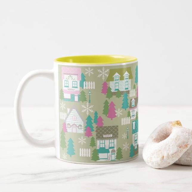 Weihnachtshäuser grün zweifarbige tasse (Mit Donut)