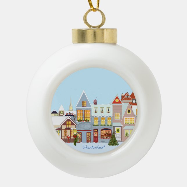 Weihnachtshäuser mit blauem Himmel Keramik Kugel-Ornament (Vorderseite)