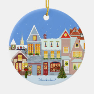 Weihnachtshäuser mit blauem Himmel Keramik Ornament