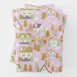 Weihnachtshäuser Pink Geschenkpapier Set