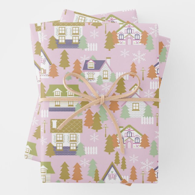Weihnachtshäuser Pink Geschenkpapier Set (Beispiel)