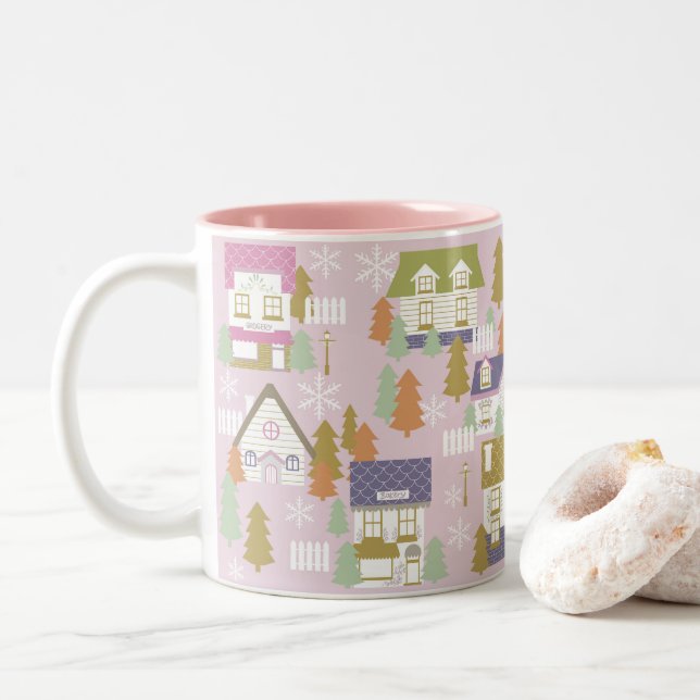 Weihnachtshäuser Pink Zweifarbige Tasse (Mit Donut)