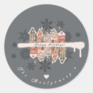 Weihnachtshäuser Schneeflocken Grau Runder Aufkleber