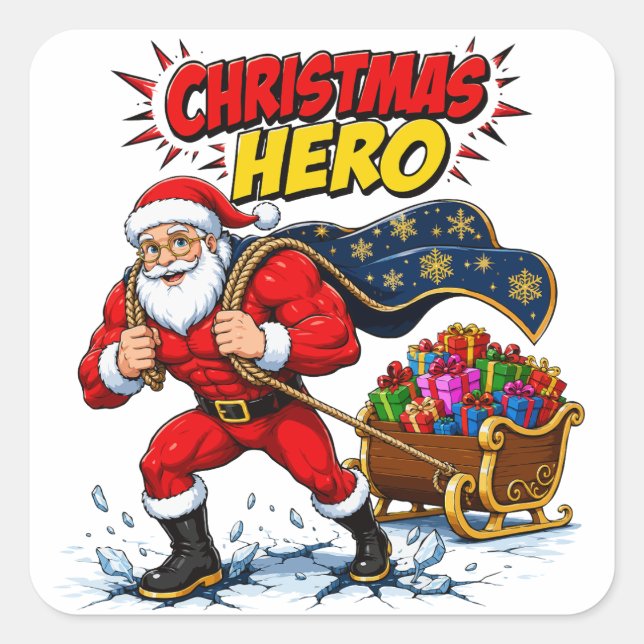 Weihnachtsheld Comic Santa Claus Quadratischer Aufkleber (Vorderseite)