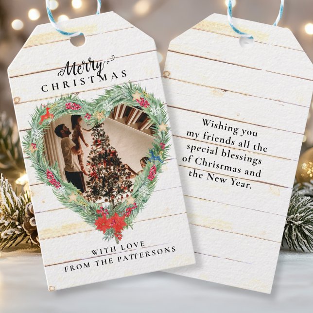 Weihnachtsherz Foto Rustic Wood Gift Tag Geschenkanhänger (Christmas Heart Photo Rustic Wood Gift Tag)