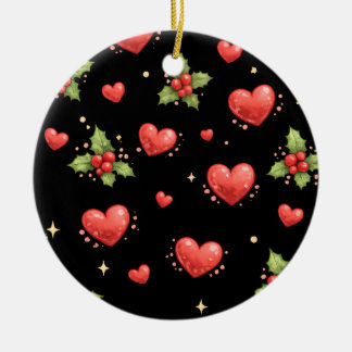 Weihnachtsherzen und Stechpalmenmuster Keramik Ornament