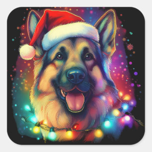 Weihnachtshirdhund mit Weihnachtsmannmütze Quadratischer Aufkleber