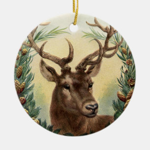 WEIHNACHTSHIRSCH, ZAPFENKRONE, ROTE GRÜNE EDDELSTE KERAMIK ORNAMENT