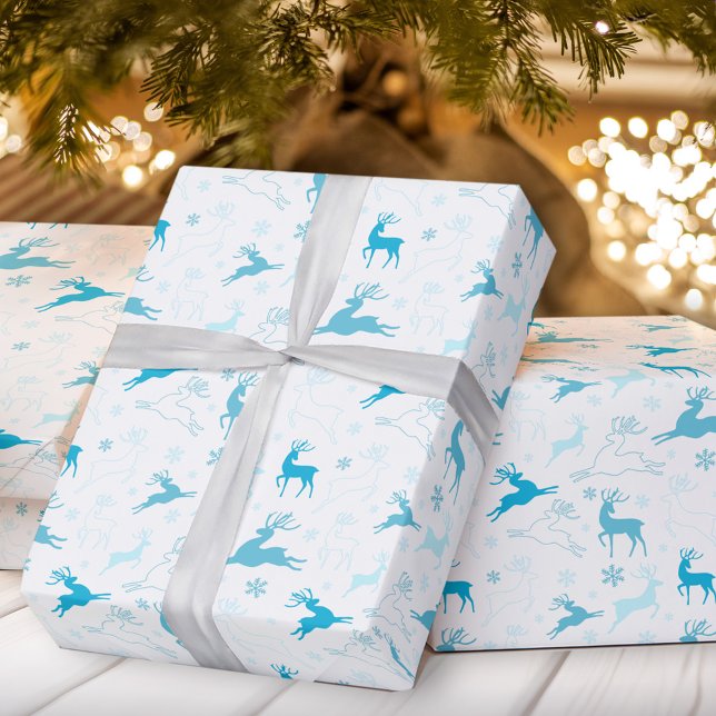 Weihnachtshirsche, blaues Packpapier (Christmas deer blue wrapping paper)