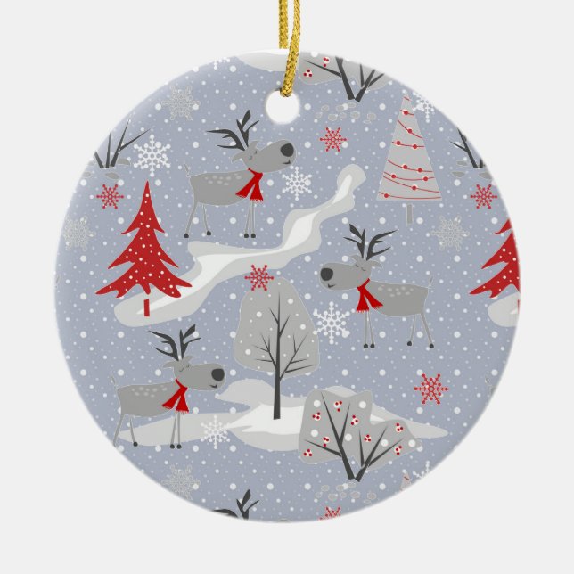 Weihnachtshirsche im Wald. Keramik Ornament (Vorne)