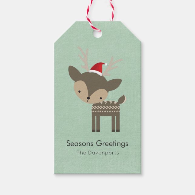 Weihnachtshirsche in einem Retro-Hipster der roten Geschenkanhänger (Vorderseite)