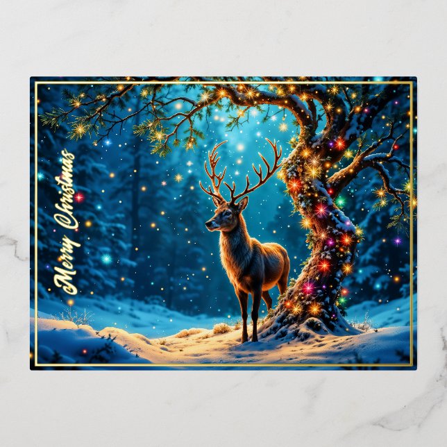 Weihnachtshirsche schneebedeckter Glitzer Glühen Folie Einladungspostkarte (Vorderseite)