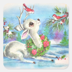 Weihnachtshirsche und Vögel Quadratischer Aufkleber