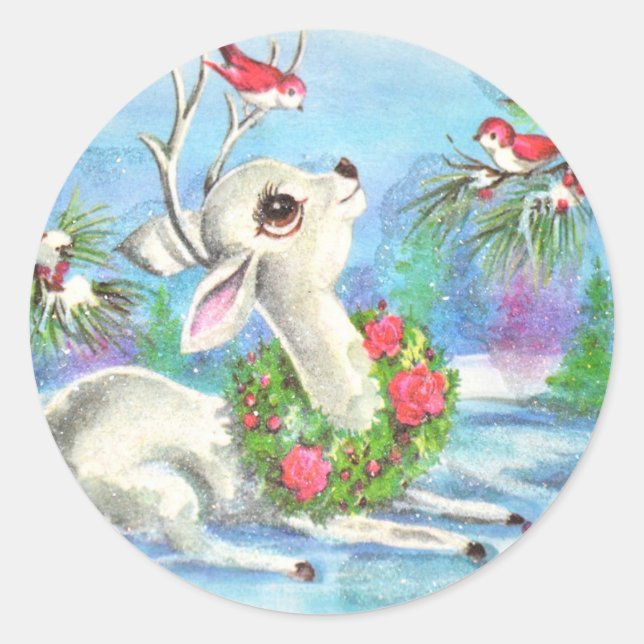 Weihnachtshirsche und Vögel Runder Aufkleber (Vorderseite)