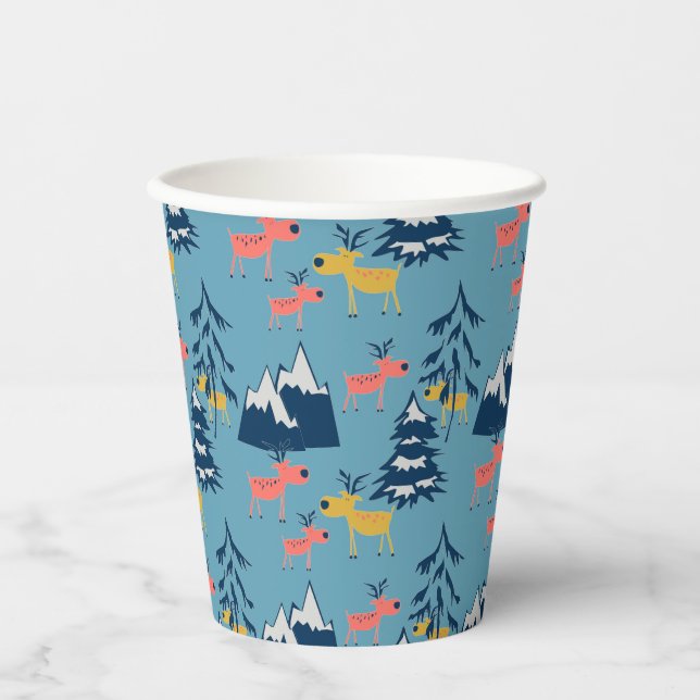 Weihnachtshirsche, Weihnachtsbäume, Berge Pappbecher (Vorderseite)