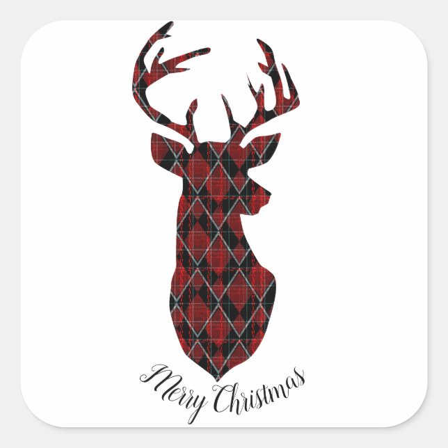 Weihnachtshirschkopf, kariert, rot und schwarz quadratischer aufkleber (Vorderseite)