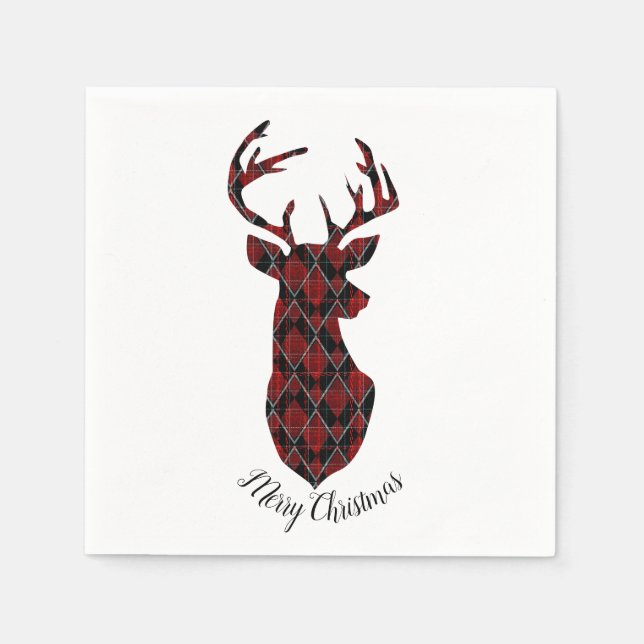 Weihnachtshirschkopf, kariert, rot und schwarz serviette (Vorderseite)