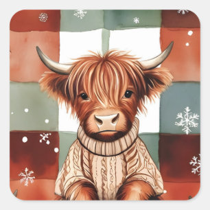 Weihnachtshochlandkuh Pullover Festlich Rot Grün Quadratischer Aufkleber