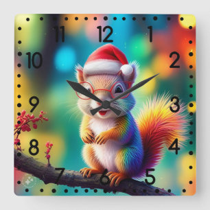 Weihnachtshörnchen als Weihnachtsmann-56765 Quadratische Wanduhr