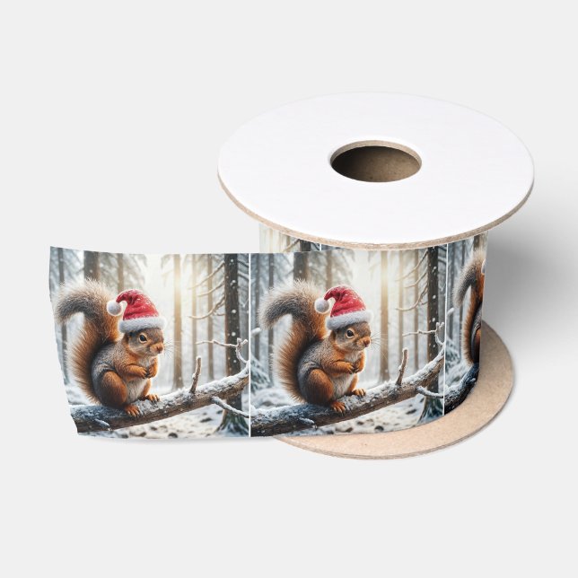 Weihnachtshörnchen auf dem Zweig des Schneebaumes Satinband (Spule)