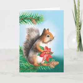 Weihnachtshörnchen Holding Poinsettia Blume Karte