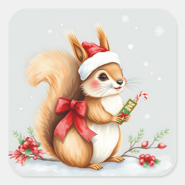 Weihnachtshörnchen in Aquarellen mit Candy Cane Quadratischer Aufkleber (Vorderseite)