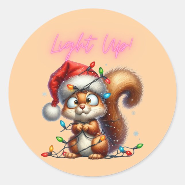 Weihnachtshörnchen mit festlicher Lichtkarte Runder Aufkleber (Vorderseite)