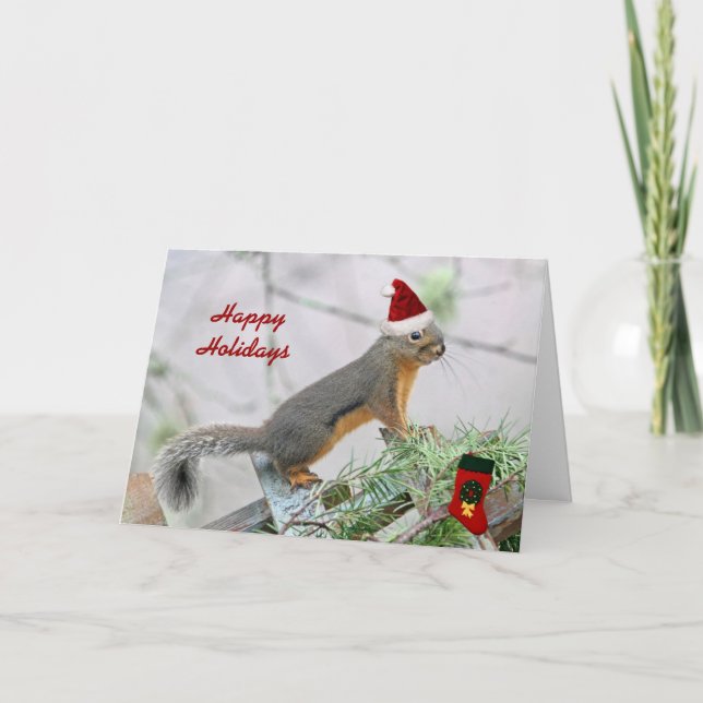 Weihnachtshörnchen mit Weihnachts-Strumpf Feiertagskarte (Vorderseite)