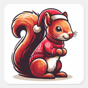 Weihnachtshörnchen mit Weihnachtsmannmütze, Weihna Quadratischer Aufkleber