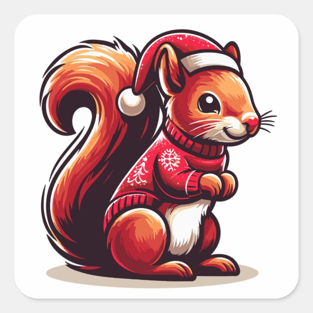 Weihnachtshörnchen mit Weihnachtsmannmütze, Weihna Quadratischer Aufkleber (Vorderseite)