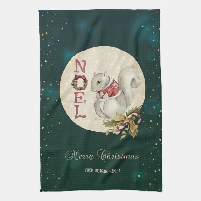 Weihnachtshörnchen, Schneeflocken Geschirrtuch (Vertikal)