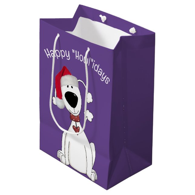 Weihnachtshund auf Lila Mittlere Geschenktüte (Vorderseite Schrägansicht)