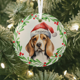 Weihnachtshund Beagle Weihnachtsmannmütze Urlaub W Ornament Aus Glas