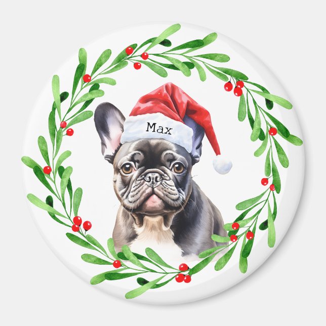 Weihnachtshund Black Frenchie French Bulldog Santa Magnet (Vorne)