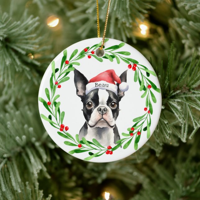 Weihnachtshund Boston Terrier Terrier Holidays Hau Keramik Ornament (Baum)