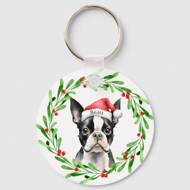 Weihnachtshund Boston Terrier Terrier Holidays Hau Schlüsselanhänger (Vorderseite)
