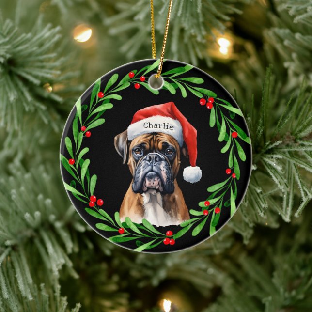 Weihnachtshund Boxer Weihnachtsmannmütze Urlaub Keramik Ornament (Baum)