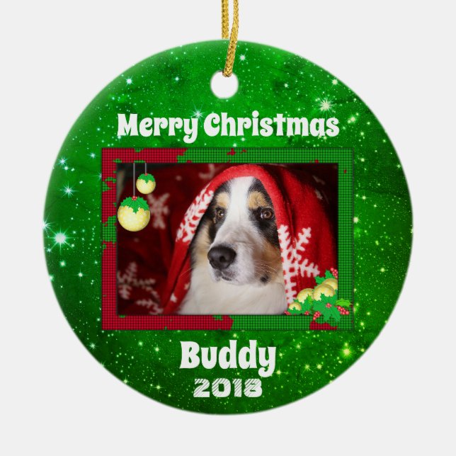 Weihnachtshund Foto Name Jahr Grün Keramik Ornament (Vorne)