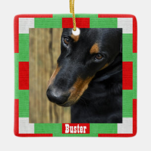 Weihnachtshund Foto Name Roter grüner Platz Keramikornament