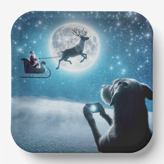 Weihnachtshund fotografiert den Weihnachtsmann in  Pappteller (Vorderseite)