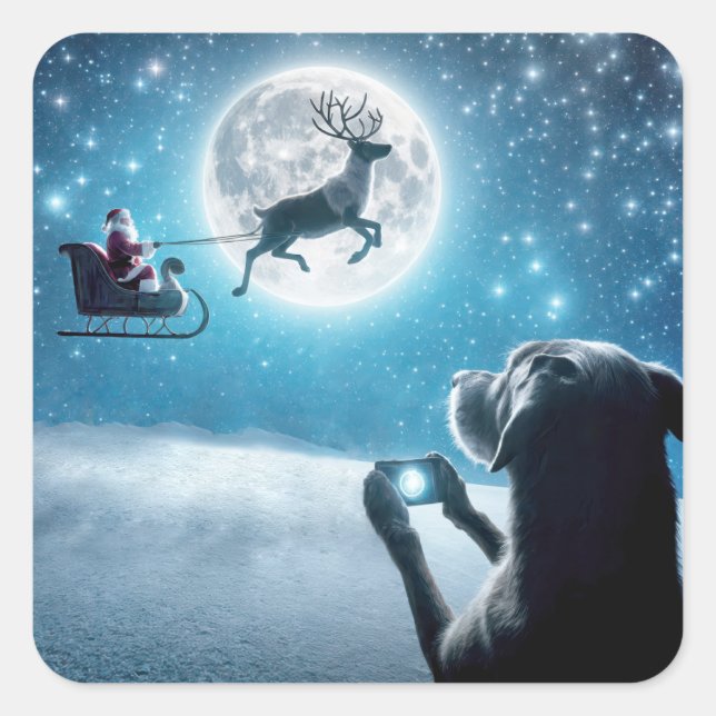 Weihnachtshund fotografiert den Weihnachtsmann in  Quadratischer Aufkleber (Vorderseite)