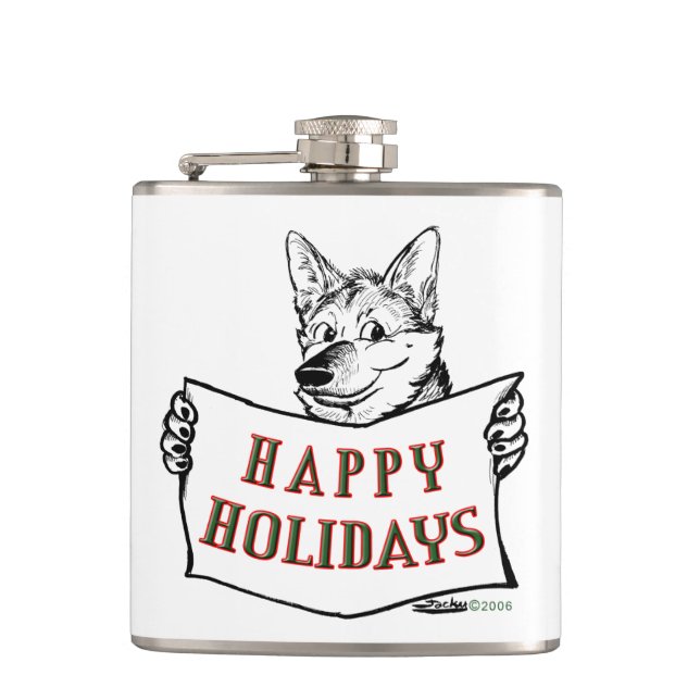Weihnachtshund: Happy Holidays! Flachmann (Vorderseite)