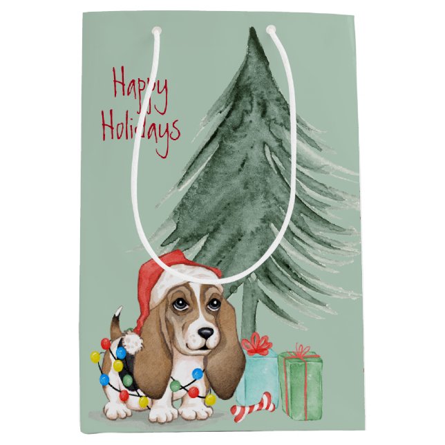 Weihnachtshund Hund in Lights Mittlere Geschenktüte (Vorderseite)